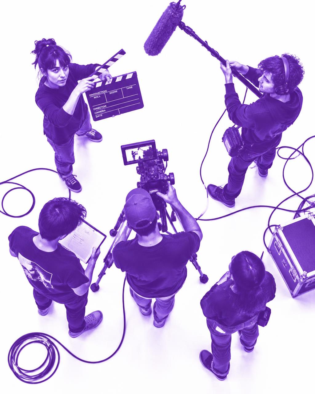 Student film crew on set, seen from above